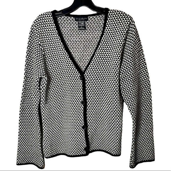 Chiaramente Cardigan Sweater Womens Size Large Black White Button - Picture 1 of 8